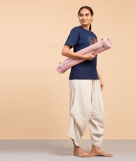 Cotton Hand Loomed Yoga Mat with back Rubberized Pink