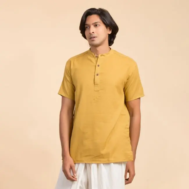 Men’s 100% organic cotton kurta with embroidered (Mustard) "Aum". Short sleeved short kurta. Relaxed fit. GOTS Certified.