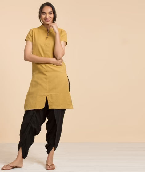 Women's 100% Organic Cotton Kurta with Embroidered "Aum" - Mustard