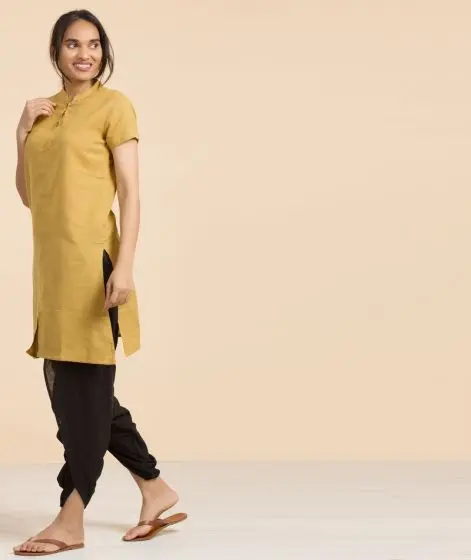 Women's 100% Organic Cotton Kurta with Embroidered "Aum" - Mustard