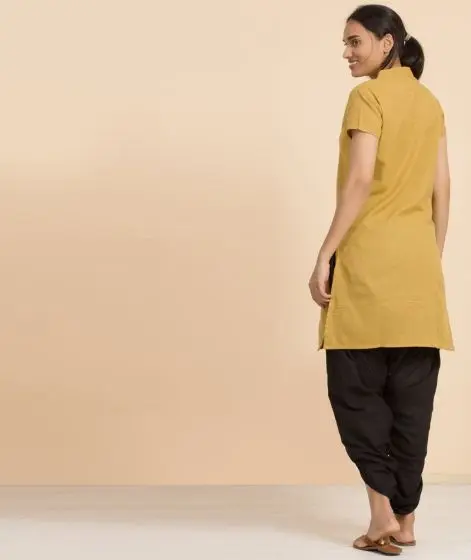 Women's 100% Organic Cotton Kurta with Embroidered "Aum" - Mustard