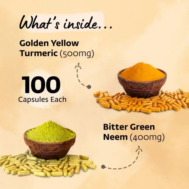 Neem & Turmeric Powder in Veg Caps Comb Pack, 100 pcs each