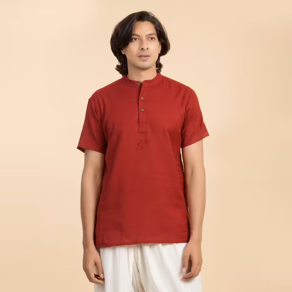 Men’s 100% organic cotton kurta with embroidered (Maroon) "Aum". Short sleeved short kurta. Relaxed fit. GOTS Certified