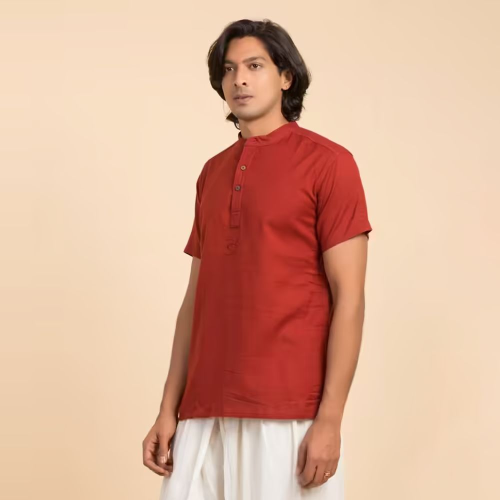 Men’s 100% organic cotton kurta with embroidered (Maroon) "Aum". Short sleeved short kurta. Relaxed fit. GOTS Certified