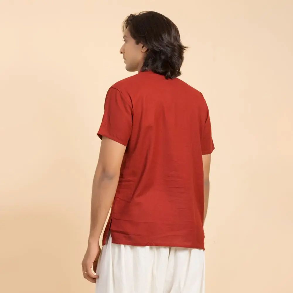 Men’s 100% organic cotton kurta with embroidered (Maroon) "Aum". Short sleeved short kurta. Relaxed fit. GOTS Certified