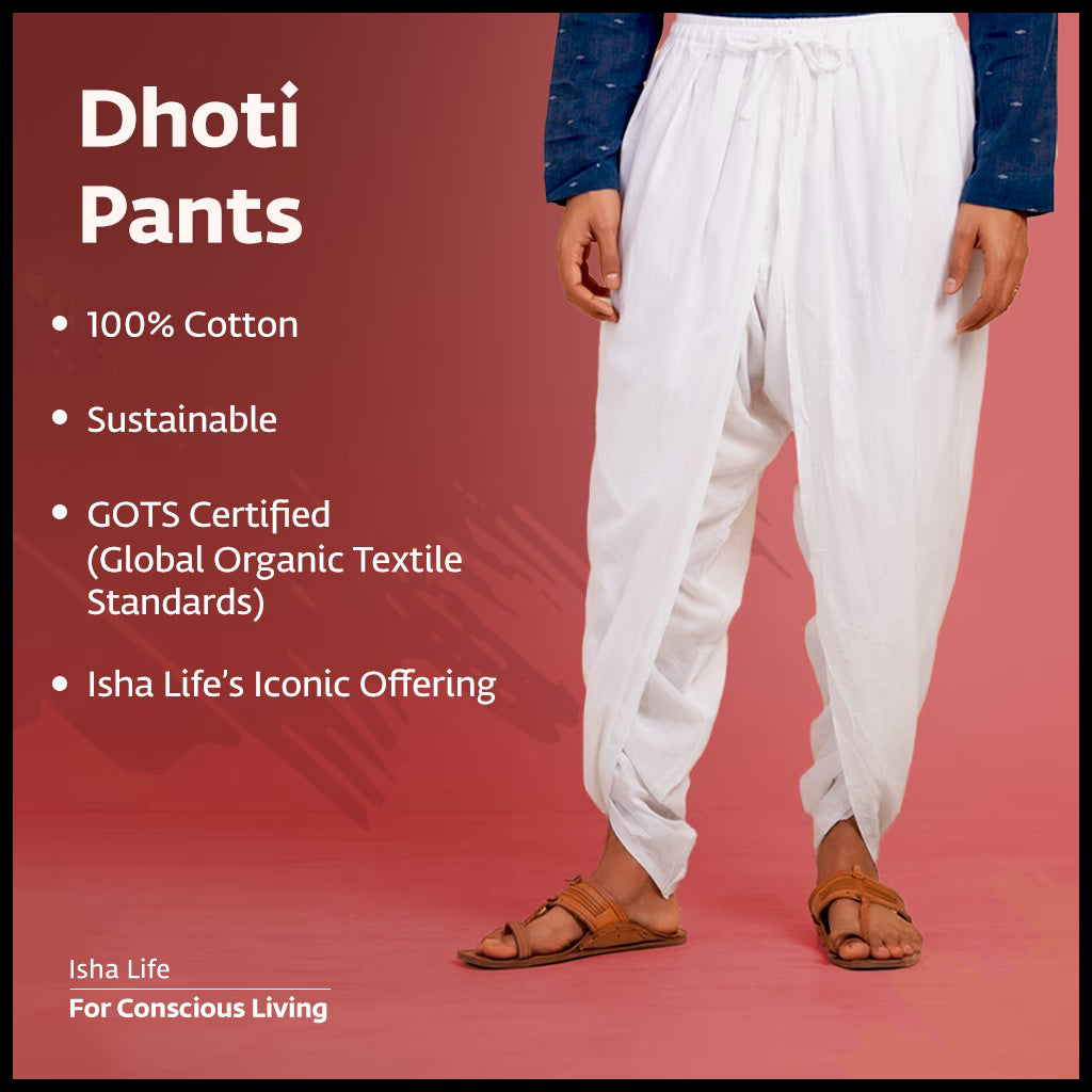 Isha’s signature. Ready to wear Unisex Dhoti Pants(Black) / Panchakacham. Certified organic cotton. Easy to pull on. Versatile. Comfortable for both casual and formal wear.