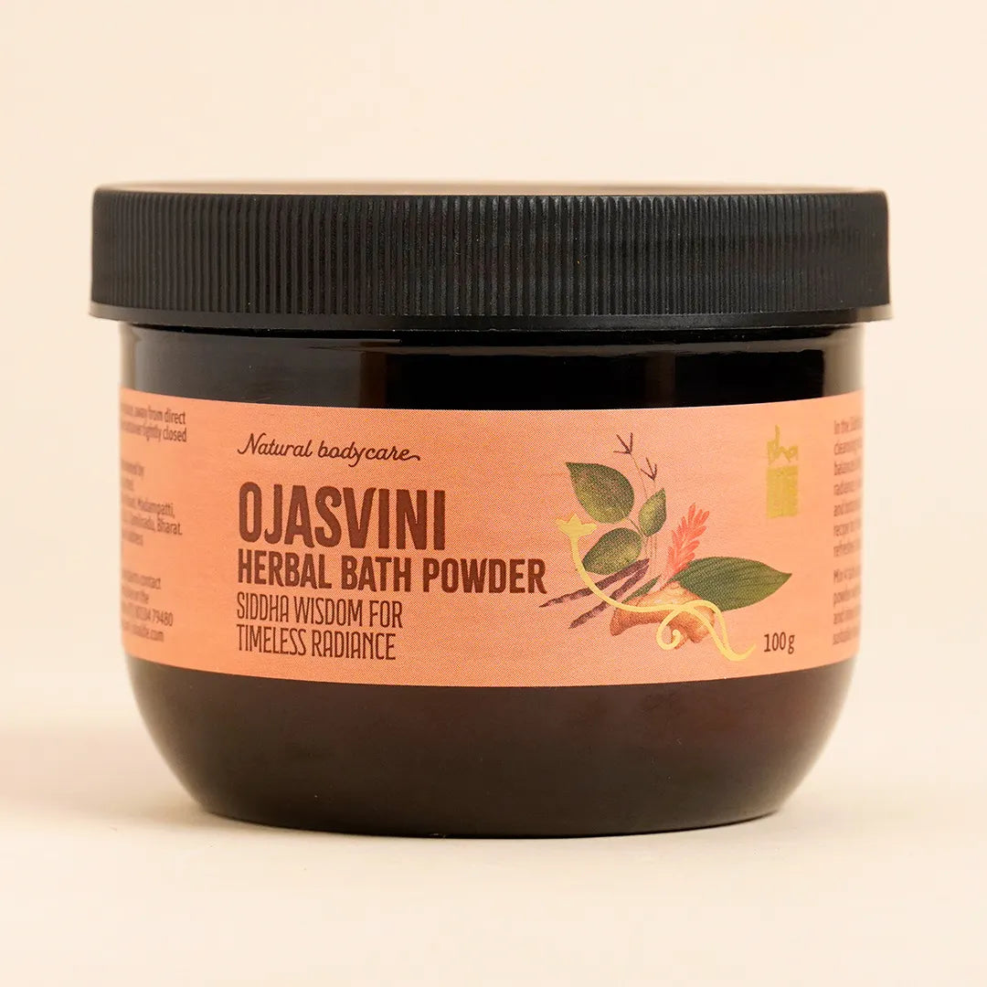 Ojasvini traditional herbal snanam powder. Isha’s unique Siddha formulation. Non-toxic bath powder. Cleansing, exfoliating, rejuvenating (100 gms)