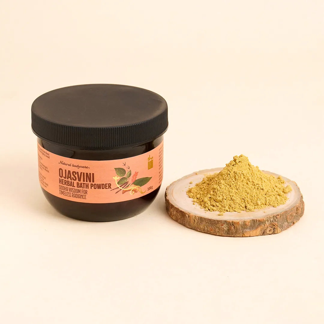 Ojasvini traditional herbal snanam powder. Isha’s unique Siddha formulation. Non-toxic bath powder. Cleansing, exfoliating, rejuvenating (100 gms)