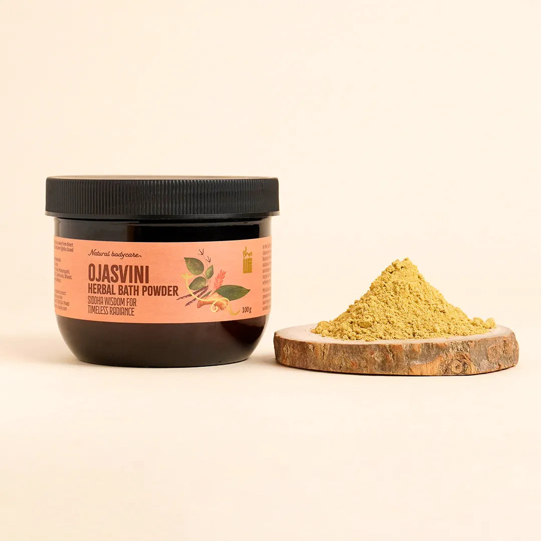Ojasvini traditional herbal snanam powder. Isha’s unique Siddha formulation. Non-toxic bath powder. Cleansing, exfoliating, rejuvenating (100 gms)