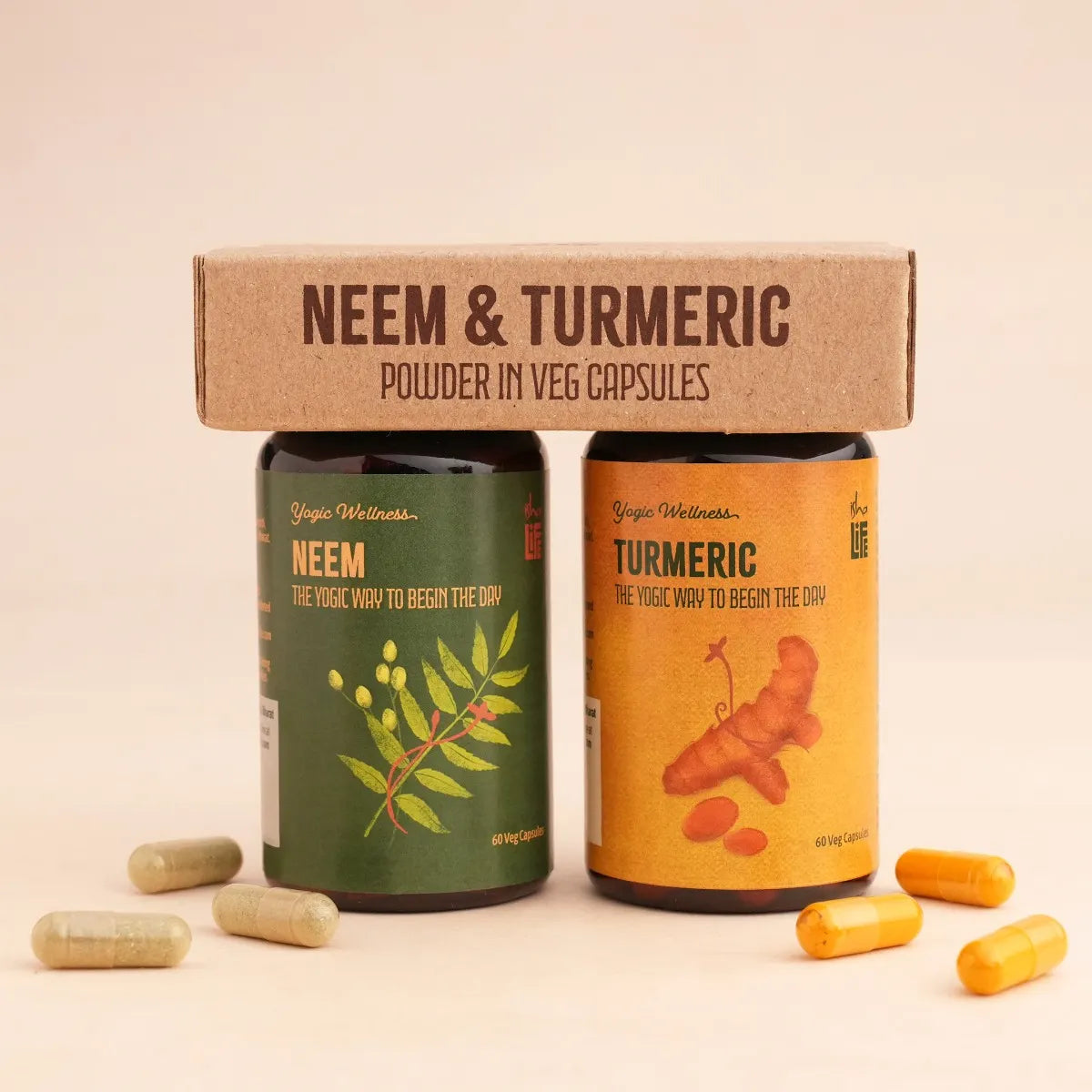 Neem & Turmeric Powder in Veg Caps Comb Pack, 60 pcs each