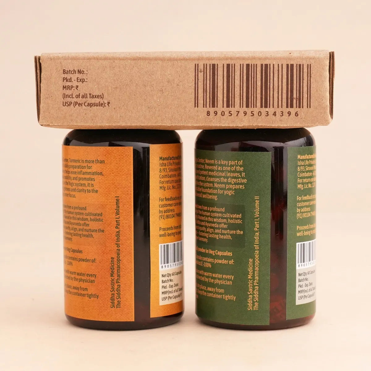 Neem & Turmeric Powder in Veg Caps Comb Pack, 60 pcs each