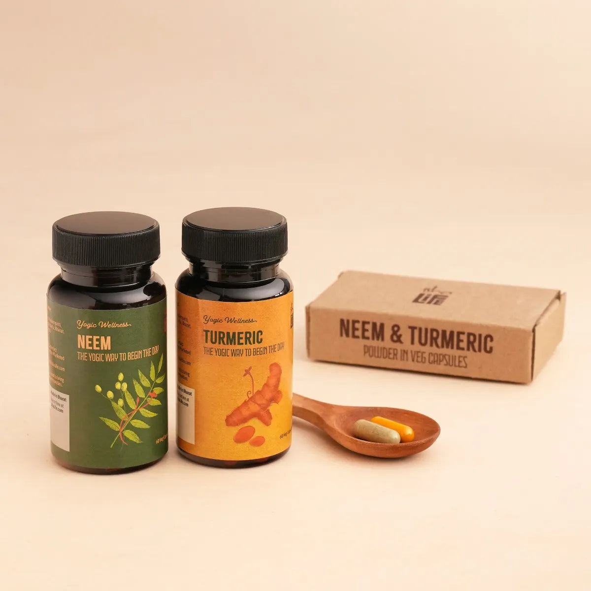 Neem & Turmeric Powder in Veg Caps Comb Pack, 60 pcs each