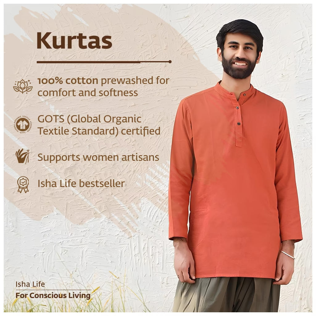 Men’s 100% organic cotton kurta with embroidered (Mustard) "Aum". Short sleeved short kurta. Relaxed fit. GOTS Certified.