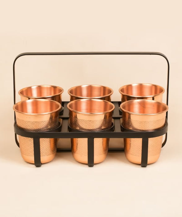 Set Of 6 Copper Tumblers With Etching Design and Iron Stand