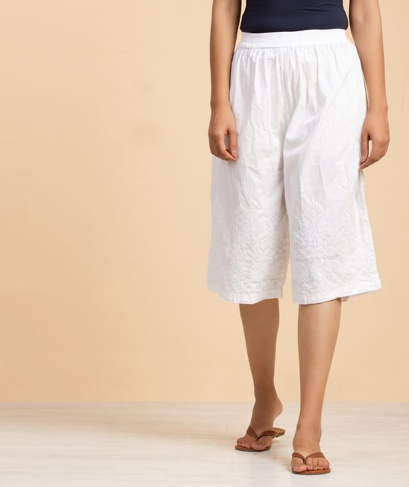 Women's Chikankari Cotton Capris - White