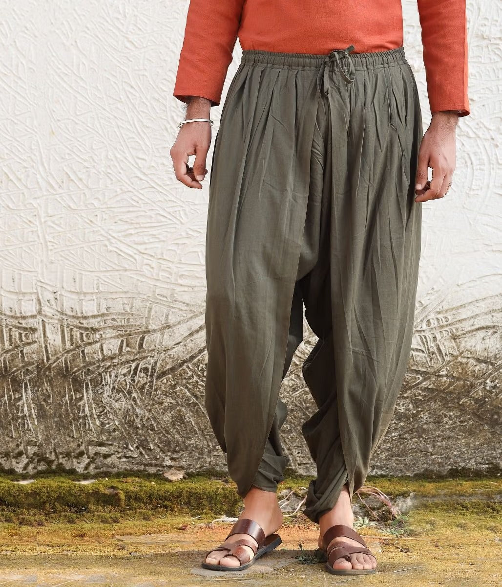 Isha’s signature. Ready to wear Unisex Dhoti Pants (Olive) / Panchakacham. Easy to pull on. Versatile. Comfortable for both casual and formal wear.