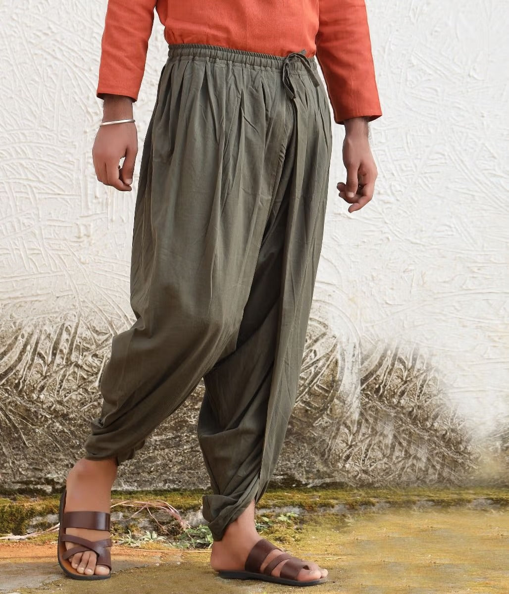 Isha’s signature. Ready to wear Unisex Dhoti Pants (Olive) / Panchakacham. Easy to pull on. Versatile. Comfortable for both casual and formal wear.